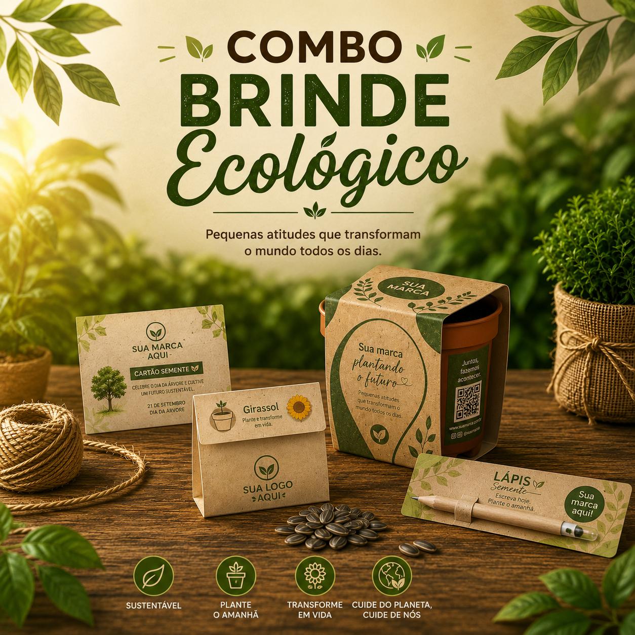 Combo Brinde Ecológico MyPlant — Kit Plantio, Lápis, Mimo e Cartão Semente